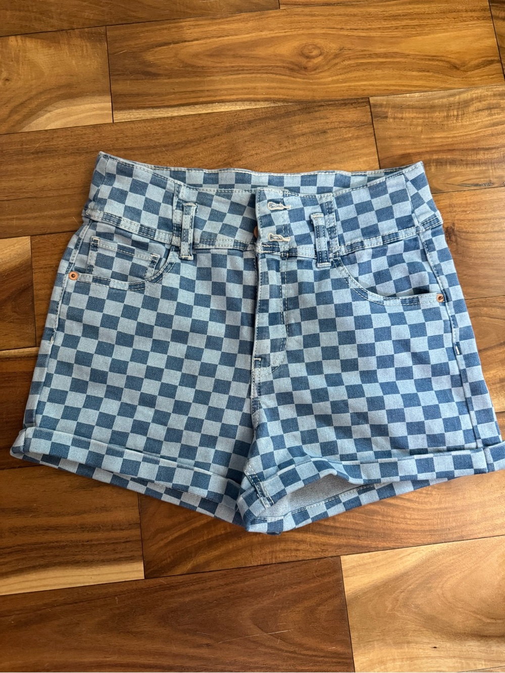 No Boundaries Light and Dark Blue Checkerboard Jean Shorts